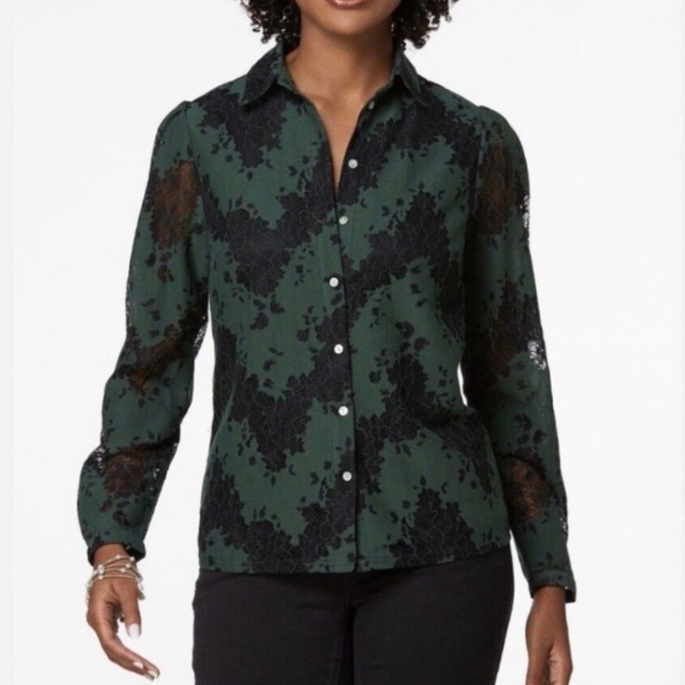 Like New Sexy Green Collared Shirt with Black Lace Floral Detail